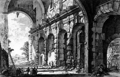 Näkymä Claudiuksen temppelin jäännöksistä lähellä Santi Giovanni e Paolo -kirkkoa, Rooman näkymät -sarjasta, n. 1760
